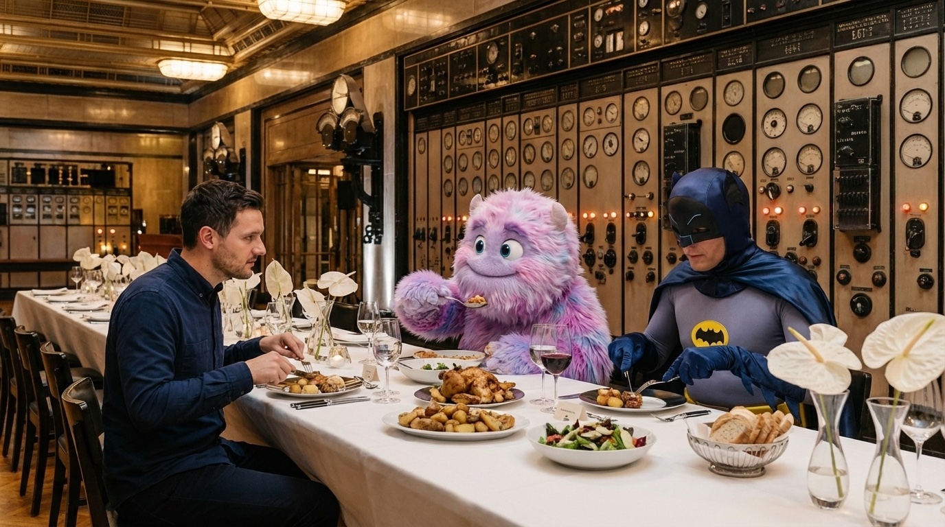 AI-generated scene combining consistent characters dining at Battersea Power Station venue - man, pink creature, and Batman enjoying dinner together
