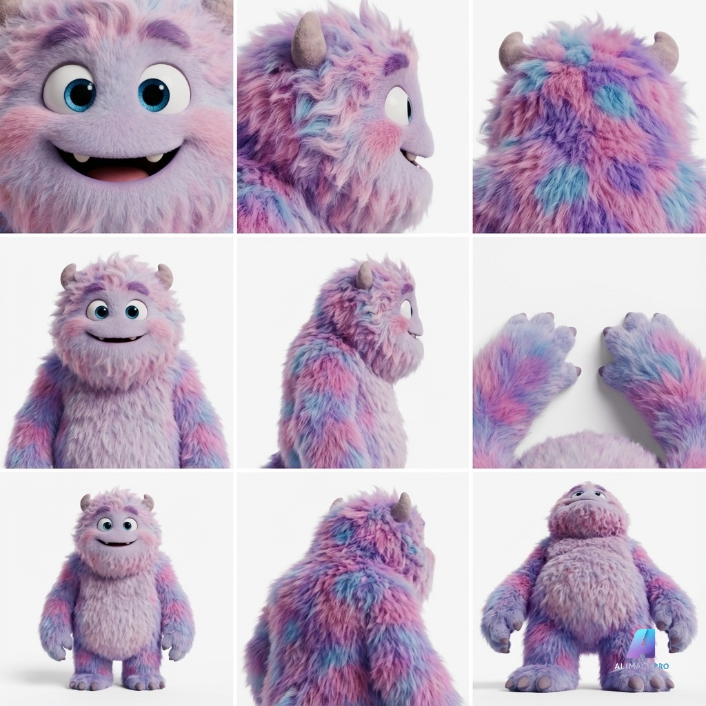 Character identity grid showing pink fluffy creature from multiple angles - face close-up, profile, full body front and back