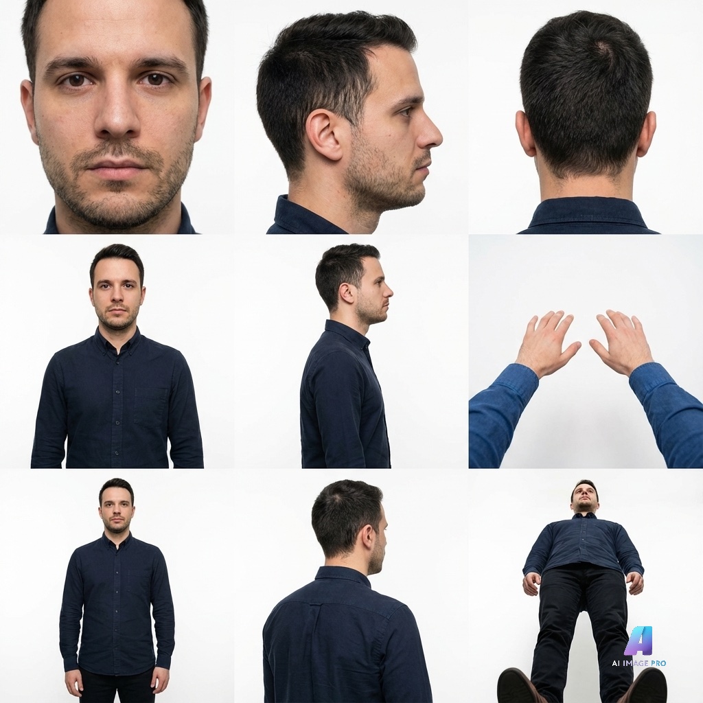 Character identity grid showing man in navy shirt from multiple angles - face close-up, profile, full body front and back