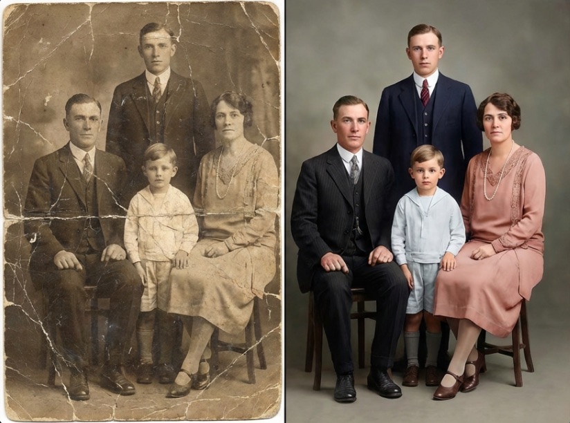 AI photo restoration before and after - damaged vintage family photo restored and colorized