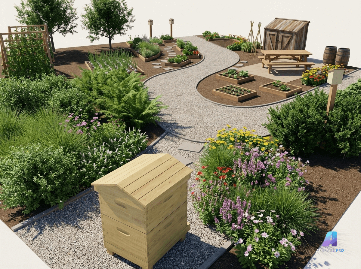 Photorealistic 3D rendered garden visualization with raised beds and plants