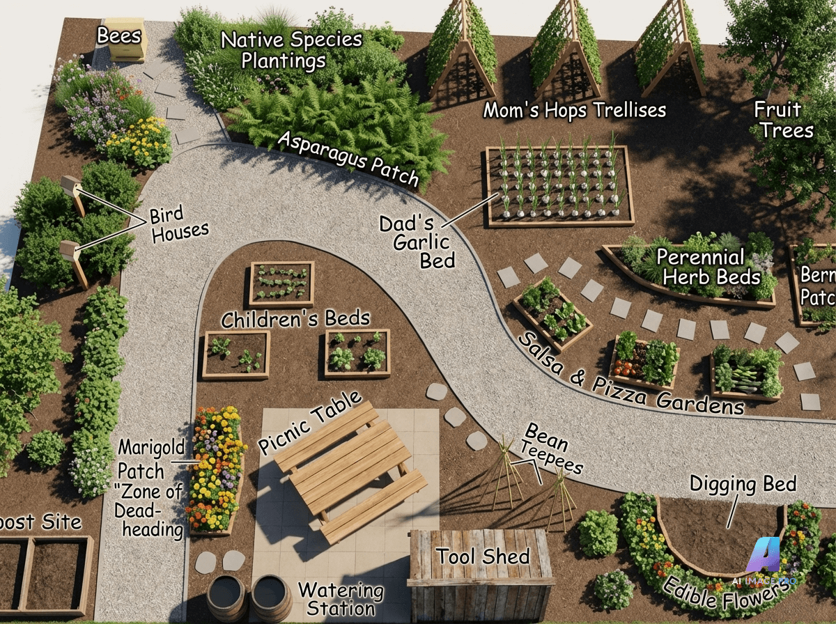 Aerial view of complete garden design with labeled beds and features
