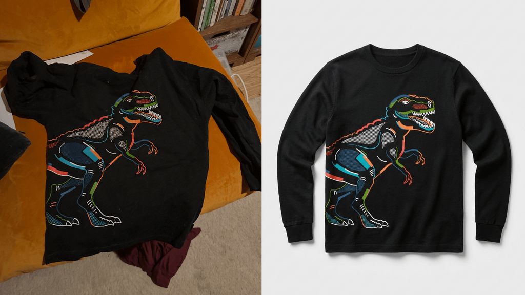 AI product photography before and after - original product photo transformed to professional e-commerce shot