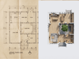 AI floorplan to 3D conversion - 2D floor plan transformed to 3D isometric visualization